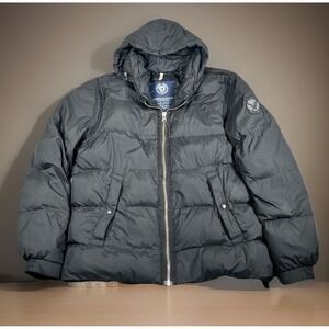 VTG American Eagle Duck Down Puffer Jacket Men L Black Hidden Hood Pockets-EUC